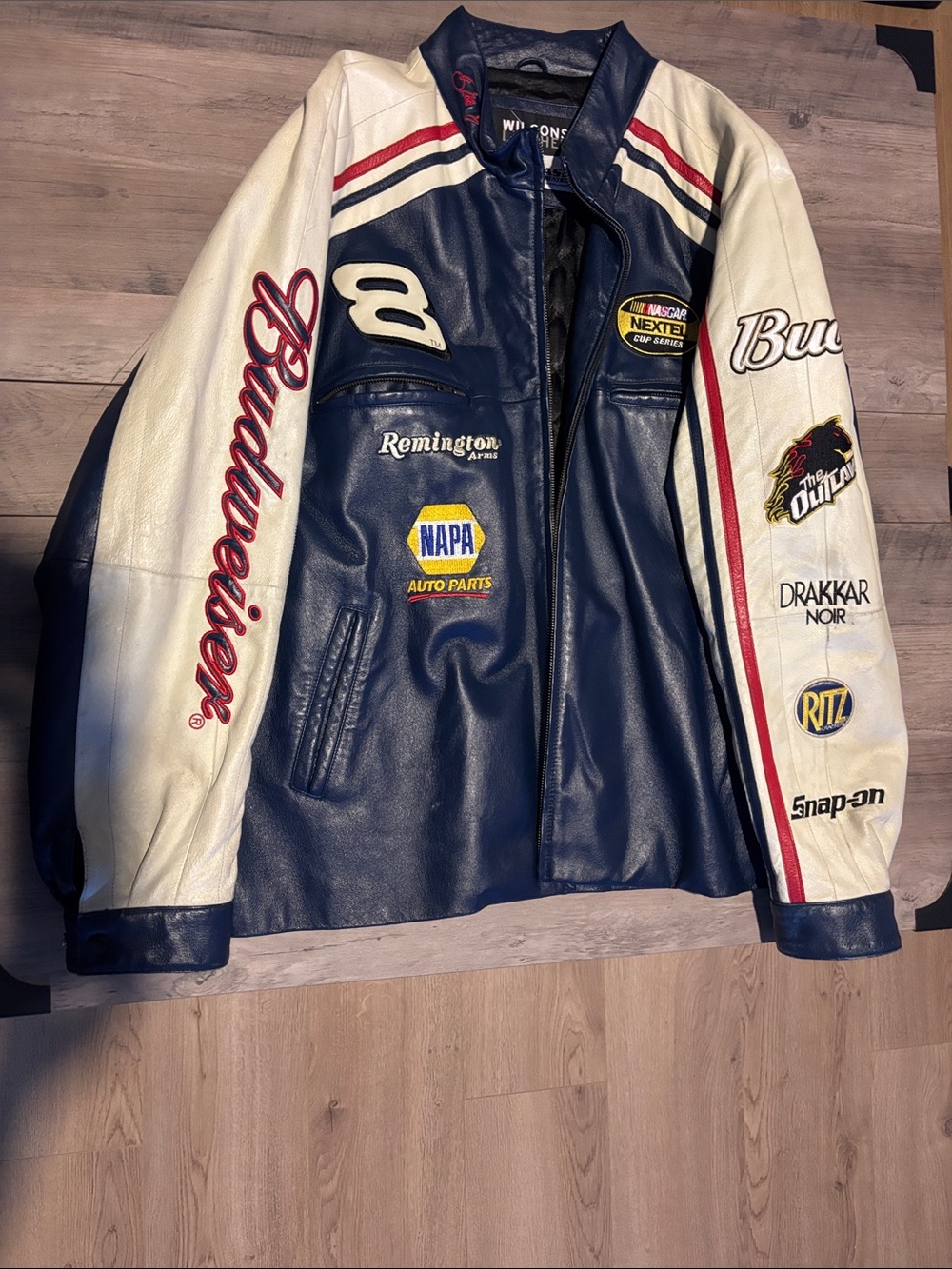 Budweiser Navy & White Racing Bomber Jacket with Sponsor Patches